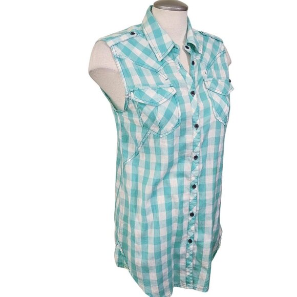 Vintage Womens Med Cotton Button Down Gingham Sleeveless Top Pockets Epaulettes - Picture 2 of 7